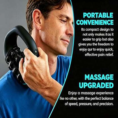 Electric Handheld Rolling Massager, 3 Speed Deep Tissue Percussive Massager with 6 Rotating Bars, Rechargeable Full Body Muscle Roller for Back Shoulder Leg Soreness Relief & Blood Circulation