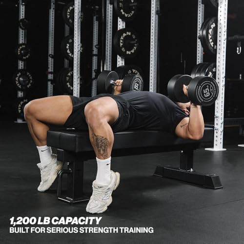 Titan Fitness TITAN Series Single Post Flat Bench, Rated 1,200 LB, 4" Thick HeftyGrip Vinyl Pad, Dedicated Home Gym Competition Weightlifting & Strength Training Utility Bench - color: Black
