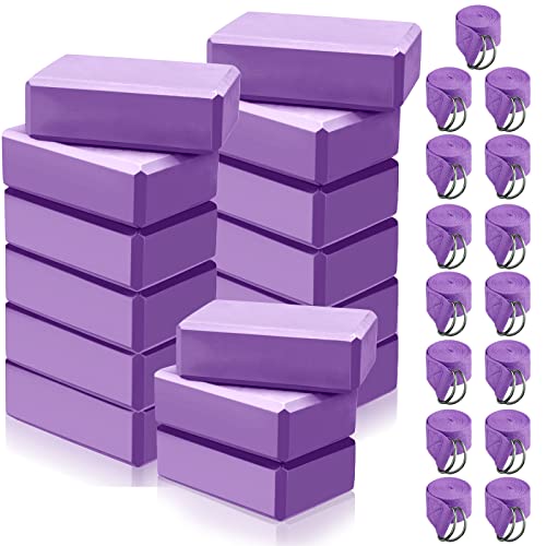 Wettarn 15 Pack Yoga Block and Strap Set 15 Pcs Non-slip Yoga Blocks with 15 Pcs Metal D Ring Stretching Exercise Workout Fitness Accessory for Gym