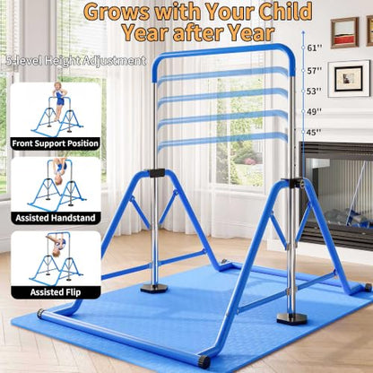 Expandable Gymnastics Bars 45''-61'' with Side Support Bars for Kids - color: Blue with rings and mat