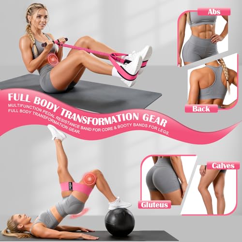 Pedal Resistance Band with Handle and Booty Bands Set for Women, 2 in 1 Fabric Exercise Bands for Core, Leg and Glutes, Full Body Home Gym Exercise Equipment for Yoga, Pilates, Physical Therapy