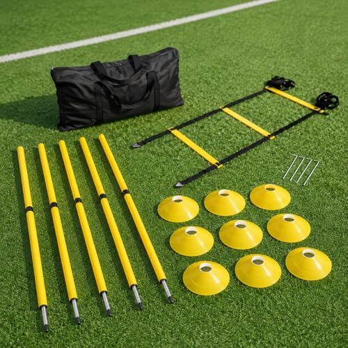 predolo Agility Ladder Speed Training Kit, Soccer Training Equipment Set, PP Rung Agility Ladder Synthetic Material Disc Cones with Storage Bag - style: Yellow Agility Ladder Training