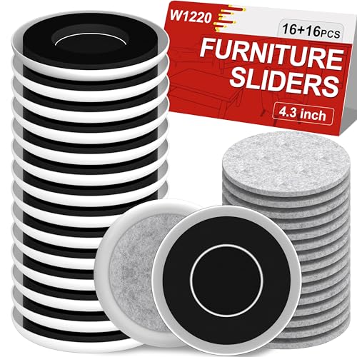 Furniture Sliders for Hardwood Floors - Multi-Surface Furniture Movers Sliders with 16PCS 4.3" Carpet Sliders + 16PCS Self-Adhesive Felt Pads - Protect Floor and Easily Move Furniture - size: 4.3in 16+16Pack