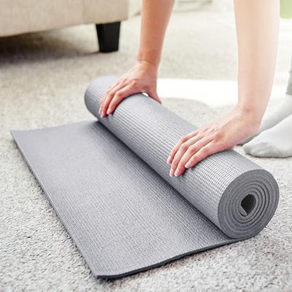 Signature Fitness All Purpose 0.25 Inch Thick High Density No Tear Exercise Yoga Mat with Strap & Lightweight Features for Indoor & Outdoor Use, Gray