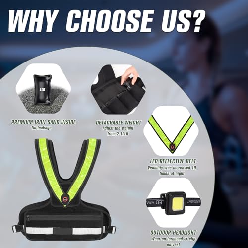 Weighted Vest for Women Men, Sport Running Weighted Vest with Reflective Strips and LED Flashing Sash, 10lbs/20lbs Weight Vest for Strength Training and Workout - size: 10LBS