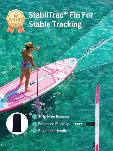 Niphean (Extra Large) Inflatable Paddle Board, SUP for 2+1 People/Family 500lbs Capacity Stand Up Paddle Board with SUP Accessories, StabilTrac Fin Non-Slip Paddleboard for Adults - color: Rose Red