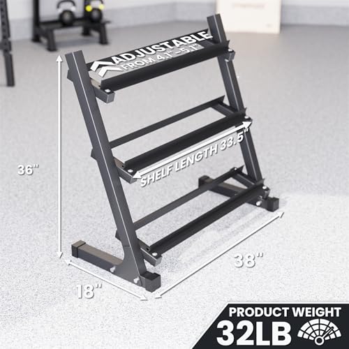 Synergee Dumbbell Rack for Home Gym – 3 Tier Adjustable Weight Rack for Dumbbells – Space-Saving Storage Shelf – Available in 38" or 46" – Heavy Duty Steel Frame – Easy Assembly