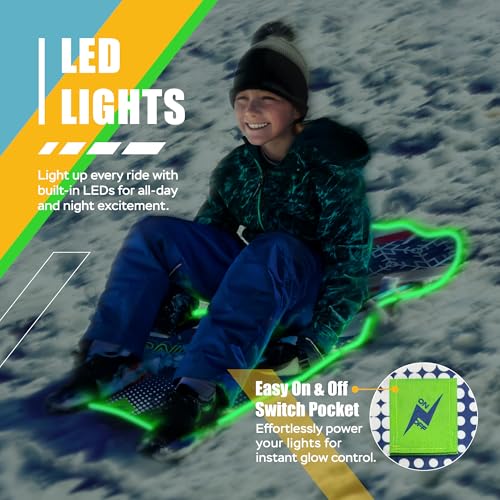 Sunlite Sports Snow Sled for Kids & Adults, Toboggan with Reinforced Bottom & Sturdy Fabric Stitching, Foldable Sled with Ergonomic Handles for Winter Fun, Ultra Portable, 45" Captain with LED Light