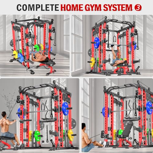 Smith Machine with Cable Crossover System, Multi-Function Power Cage Squat Rack for Home Gym, Power Rack and Packages Weight Sets.