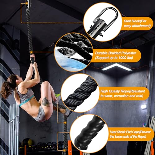 Climbing Rope Gym Workout - 1.5 Inch Dia 10FT 15FT 20FT 25FT 30FT 35FT 40FT 50FT Heavy Duty Work Out Rope Exercise Climbing Ropes for Adults Kids Fitness & Strength Training Outdoor & Indoor - Black - style: 1.5 Inch-15ft