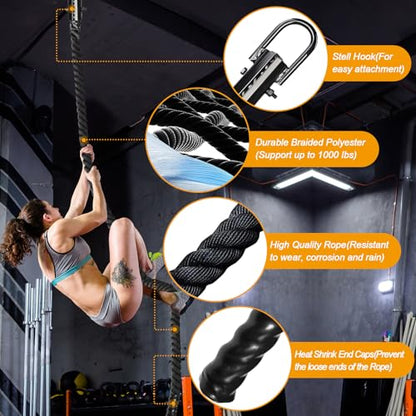 Climbing Rope Gym Workout - 1.5 Inch Dia 10FT 15FT 20FT 25FT 30FT 35FT 40FT 50FT Heavy Duty Work Out Rope Exercise Climbing Ropes for Adults Kids Fitness & Strength Training Outdoor & Indoor - Black - style: 1.5 Inch-15ft