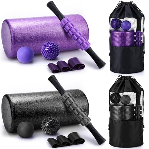 Soulchen 12 Pcs Foam Roller Set - 6 in 1 Deep Muscle Recovery Kit Includes Back Roller, Massage Ball, Muscle Stick, Fasciitis Ball, Stretch Strap & Bag for Body Physical Exercise Therapy, 2 Set