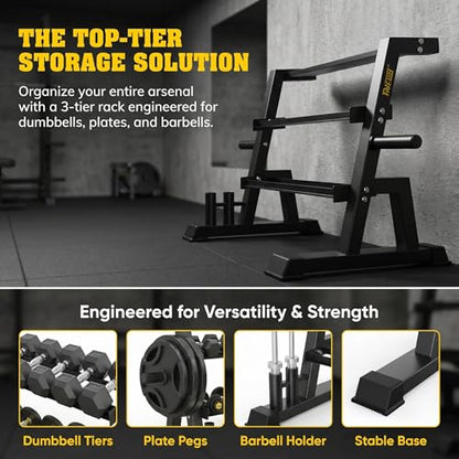 3-Tier Weight Rack, Dumbbell Kettlebell Rack 1100LB Capacity Weight Plate and Curl Bar Storage for Home Gym
