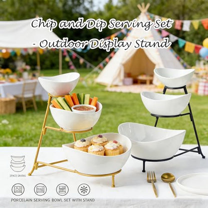 Gomakren 3 Tiered Serving Bowl Set, Chip and Dip Serving Set with Stand - color: Black Stand