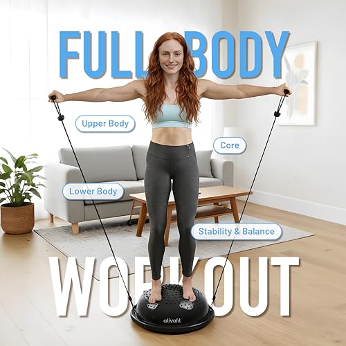 ATIVAFIT Balance Ball Trainer - Half Exercise Ball with Inflation Pump & Resistance Bands - Anti-Burst PVC Stability Trainer for Home Gym, Yoga, Core Training - 660 lbs Capacity