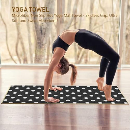 Black and White Polka Dot Yoga Mat Towel, Non-Slip Sweat Absorbent Lightweight Yoga Towel for Hot Yoga, Pilates, Fitness and Workout, Travel 72" x 27" Machine Washable
