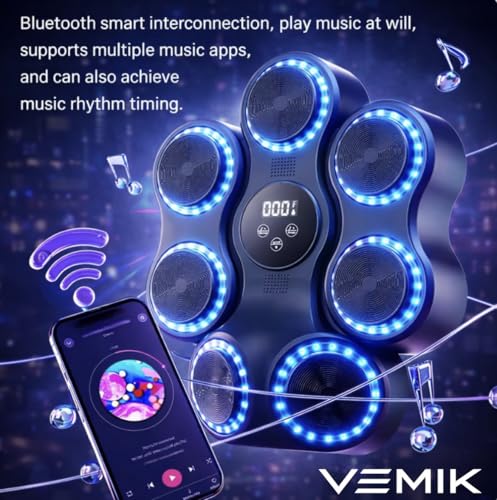 Smart Music Boxing Machine 4 in 1 with LED Punch Targets, Wall Mounted Reaction Trainer Bundle with Boxing Ball Headband, MMA Gloves & Hand Grip Strengthener for Home Fitness Training