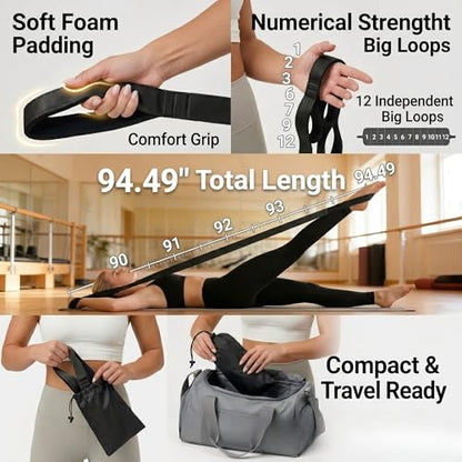 Stretching Strap with 12 Loops, Non-Elastic Physical Therapy with Carry Bag | Premium non elastic yoga straps for injury recovery, rehab flexibility training, hamstring stretch & physical therapy