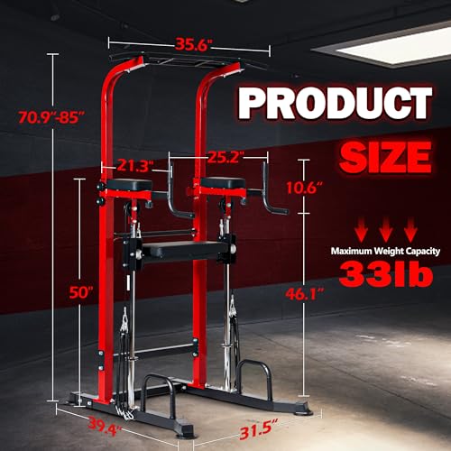 Dland Power Tower Dip Station Pull Up Bar Exercise Tower, Multifunctional Adjustable Height Training Equipment for Home Gym, Free Standing Assisted Fitness Workout Pullup Rack Station Machine - color: Red