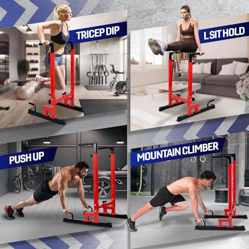 Yes4All Dip Stand 500 LBS Capacity, 80 Levels Adjustable Dip Bars, Dip Station Machine for Home Gym - color: Red & Black