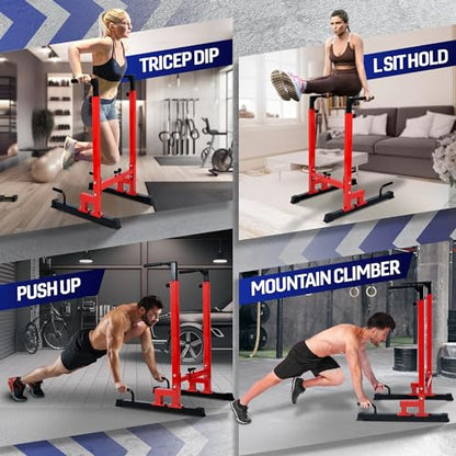 Yes4All Dip Stand 500 LBS Capacity, 80 Levels Adjustable Dip Bars, Dip Station Machine for Home Gym - color: Red & Black