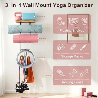 Yoga Mat Holder Accessories Wall Mount Organizer Storage Decor Foam Roller and Towel Storage Rack with 4 Hooks and Wooden Shelves Yoga Mats Rack Resistance Bands for Home Gym School Office