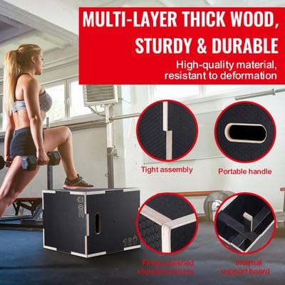 Happybuy 3 in 1 Plyometric Jump Box, 20/18/16 Inch Wooden Plyo Box, Anti-Slip Platform for Jumping Agility, Step Up Box for Home Gym Conditioning & Strength Training, Black