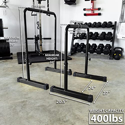 Synergee Dip Bar. Adjustable Dip Station from 30” – 39” for Dips, Inverted Pull Ups. Max capacity 400 lbs. Portable Dip Stand for Total Body Workout. Available in Yellow and Black.