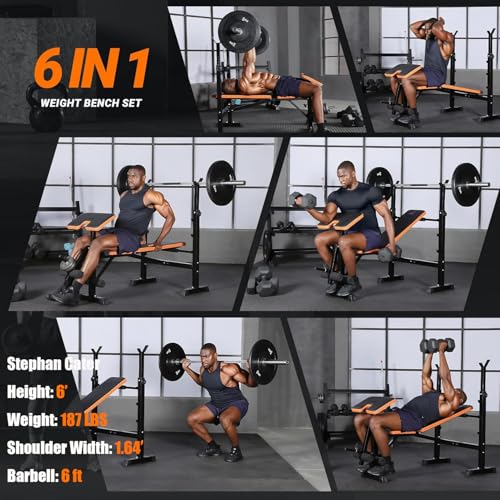 YOLEO 6 in 1 Space Saving Weight Bench Set for Home Gym, Fast Folding & Adjustable Workout Bench, Bench Press Rack/Leg Extension/Preacher Curl/Sit up(1-Step Folding) (Black)
