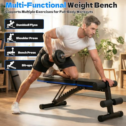 FitinOne Adjustable Folding Weight Bench for Home Gym, 660 lbs Capacity Multi-Functional Workout Bench Sturdy Durable for Full Body - color: Black-Blue