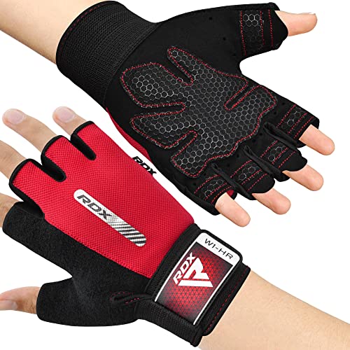 RDX Weight Lifting Gloves Gym Fitness Workout, Anti Slip Padded Full Palm Protection, Ultra Ventilated, Bodybuilding Strength Training HIIT WOD Exercise, Half Finger Men Women Cycling Rowing Climbing - color: Red, size: Large