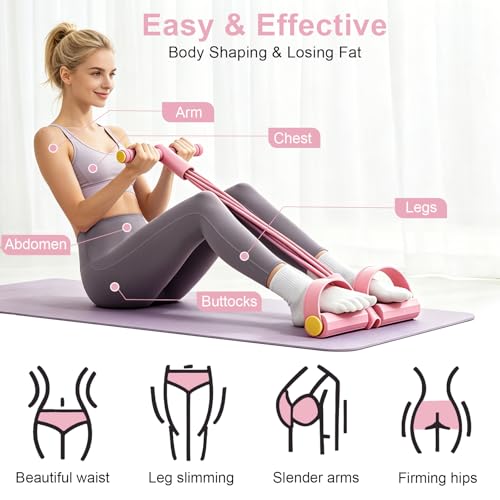 Pedal Resistance Band with Handle, 6-Tubes Tesistance Bands with Handles, Natural Rubber Foot Pedal Resistance Band, Multifunctional Exercise Bands for Abdomen, Waist, Arm, Leg - Pink