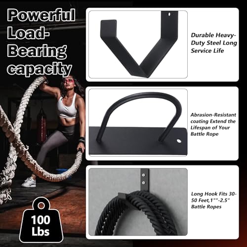 Battle Rope Wall Mount Kit, Heavy Duty Steel Anchor and Storage Hook for 30-50 Feet,1"-2.5" Ropes, Black