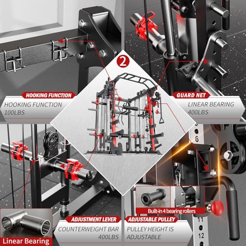 Smith Machine，Multi-Function Squat Rack Power Cage with Cable Crossover System,with Optional Weight Bench, Olympic Barbell Weight Set, for Home Gym