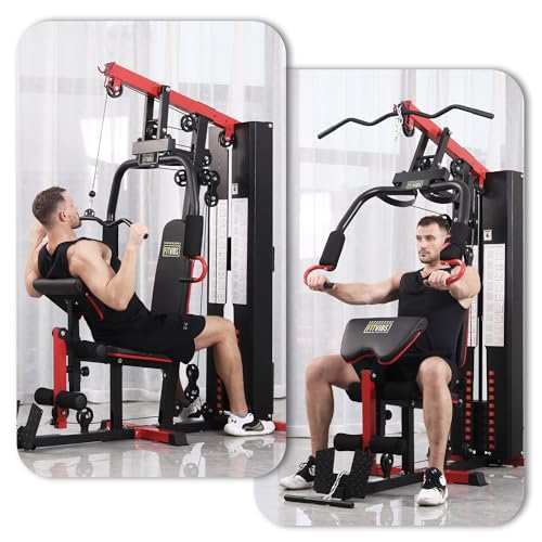 Fitvids Home Gym Equipment, Multifunctional Full Body Workout Weight Machine Station with Weight Stack, All in One Exercise Equipment with Pulley System & Seated Rowing for Home Gym Strength Training