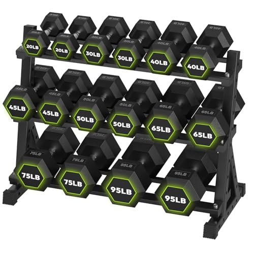 HANDBODE Hex Dumbbell Set with Rack, 300-840 lb Rubber Coated Fixed Weights Sets with Heavy Duty Storage Stand, Hexagon Shape, Multiple Weight Options Home Gym Equipment for Strength Training - style: 840 lb Set (20-95 lb) with Rack