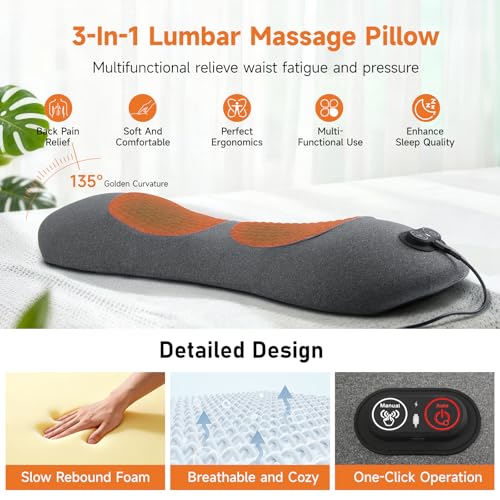 3-in-1 Electric Lumbar Support Pillow with Adjustable Height for Bed and Chair, Triple Fusion Cordless Back Massager with Heated, Vibration, Traction, Lower Back Pain Relief for Home & Office, Car