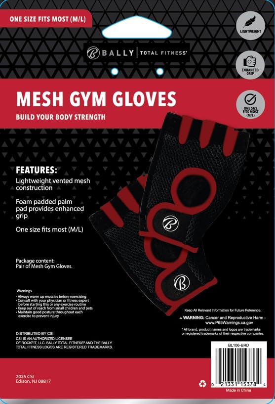 Bally - Gym Gloves, Mesh Workout Gloves with Foam Padded Palm for Grip, Lightweight & Breathable, One Size Fitness Training Gloves for Weightlifting Gym Exercise (2 Pack, Black/Red)
