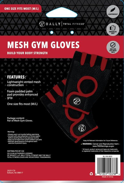 Bally - Gym Gloves, Mesh Workout Gloves with Foam Padded Palm for Grip, Lightweight & Breathable, One Size Fitness Training Gloves for Weightlifting Gym Exercise (2 Pack, Black/Red)