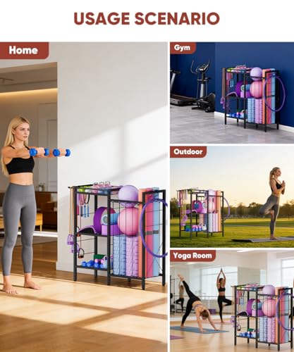 3 Tiers Dumbbells Yoga Mat Storage Rack with Elastic Straps for Kettlebells Foam Roller Resistance Bands Balls, Workout Equipment Organizer Weight Storage Holder with Hooks for Home Gym