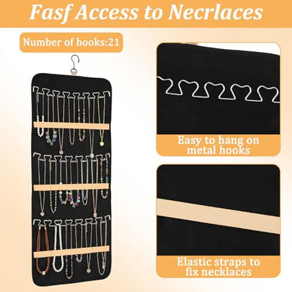 2pcs Double-Sided Hanging Jewelry Organizer for Closet with 48 Pockets & 21 Necklace Hooks Wall Mount Earring Holder Organizers Bracelet Necklace Display Hanger for Women Closet Wall Rings Display
