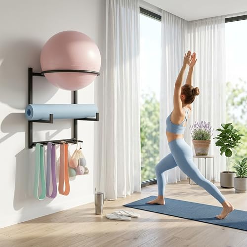 Wall Mounted Yoga Ball and Mat Holder, Space-Saving Home Gym Organizer and Storage Rack Fits 55-75cm Stability Ball with 5 Hooks for Resistance Bands and Equipment