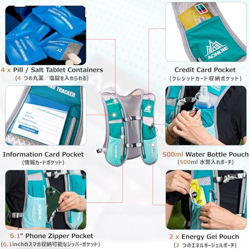 Running Water Bottles Flask BPA Free Leakproof Hydration Vest Packs Waist Belt Replacement for Triathlon Marathon Hiking Cycling Climbing Runner - color: #4 Mint Blue (5L) with a 1.5L Hydration Bladder