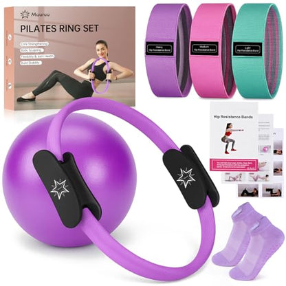 Pilates Essentials Kit for Home Women, Ring and Ball Set, Pilates Equipment for Workouts, 3 Resistance Bands, Grip Socks, 14 Inch Magic Circle, Mini Exercise Ball, Great Exercise Equipment