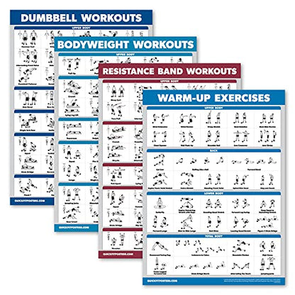 Palace Learning 4 Pack - Dumbbell Workouts + Bodyweight Exercises + Resistance Bands Workouts + Warm Up Exercises - Set of 4 Workout Charts (LAMINATED, 18” x 24”)