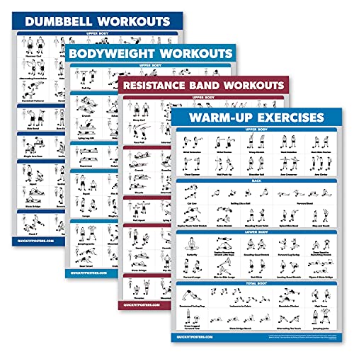 Palace Learning 4 Pack - Dumbbell Workouts + Bodyweight Exercises + Resistance Bands Workouts + Warm Up Exercises - Set of 4 Workout Charts (LAMINATED, 18” x 24”) - color: LAMINATED
