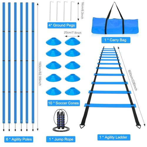 Soccer Agility Training Equipment, Includes 20ft Agility Ladder, 6 Adjustable Agility Poles, 10 Disc Cones, Jump Rope-Speed Training Set for Soccer Football Basketball Athletes - color: Blue