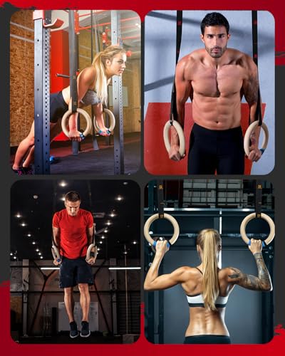 Gonex Wooden Gymnastic Rings with Adjustable Number Straps, Olympic Rings for Gym, Workout, Exercise, Outdoor Training, Quick Install Carabiner, 8.7 ft Straps Pull Up Non-Slip Rings