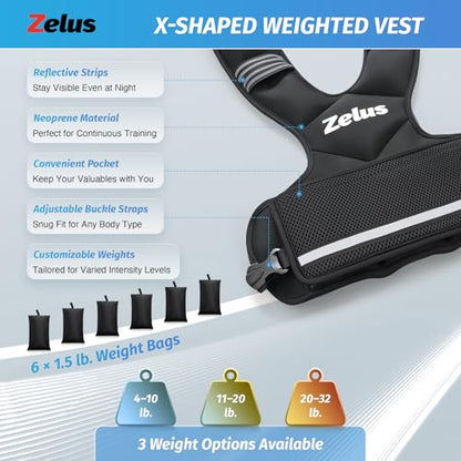 ZELUS Weighted Vest for Men and Women | 4-10lb/11-20lb/20-32lb Vest with 6 Ironsand Weights for Home Workouts | Adjustable Body Weight Vest Exercise Set for Cardio and Strength Training