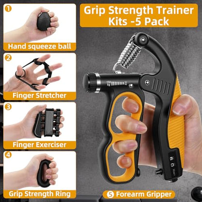 Grip Strength Trainer Kit with Mechanical Counter, 5 Pack Hand Gripper Strengthener Adjustable Resistance, Forearm Strengthener, Finger Exerciser, Wrist Strengthener, Hand Exercisers for Strength, Therapy & Rehab